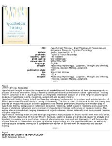 Hypothetical Thinking: Dual Processes in Reasoning and Judgement (Essays in Cognitive Psychology)